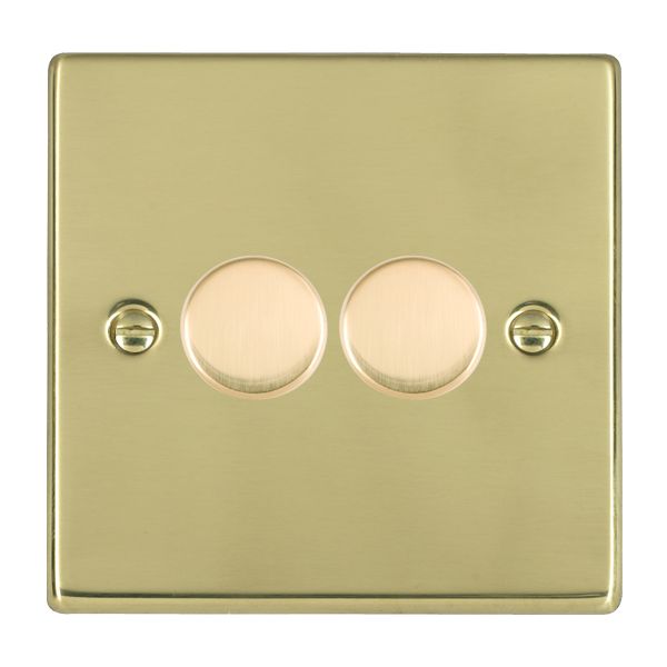 Hartland Polished Brass 2 gang 250W LED 2 Way Push On/Off Rotary Dimmer Polished Brass Minimum Load = 5W(LED) Maximum Load = 250W(LED) Trailing Edge / 150W(LED) Leading Edge Per gang
