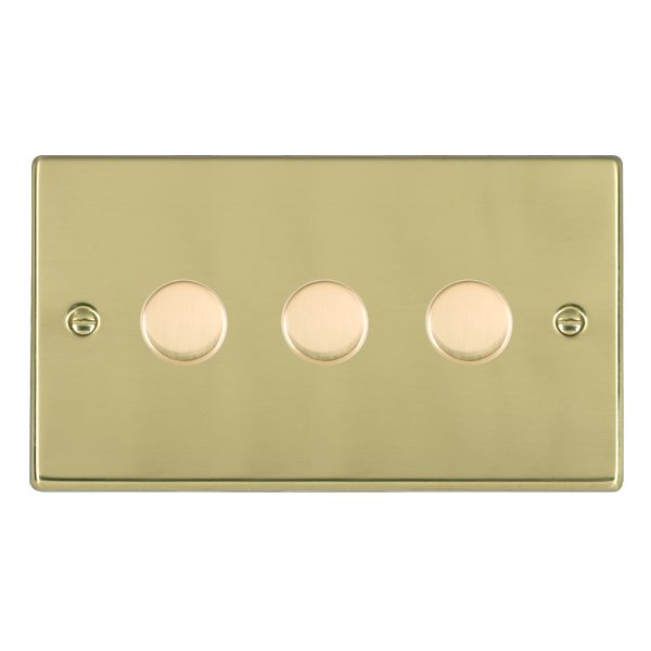 Hartland Polished Brass 3 gang 250W LED 2 Way Push On/Off Rotary Dimmer Polished Brass Minimum Load = 5W(LED) Maximum Load = 250W(LED) Trailing Edge / 150W(LED) Leading Edge Per gang