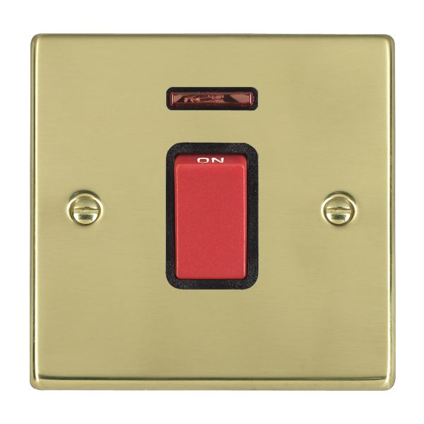 Hartland Polished Brass 1 gang 45A Double Pole Rocker and Neon Red/Black