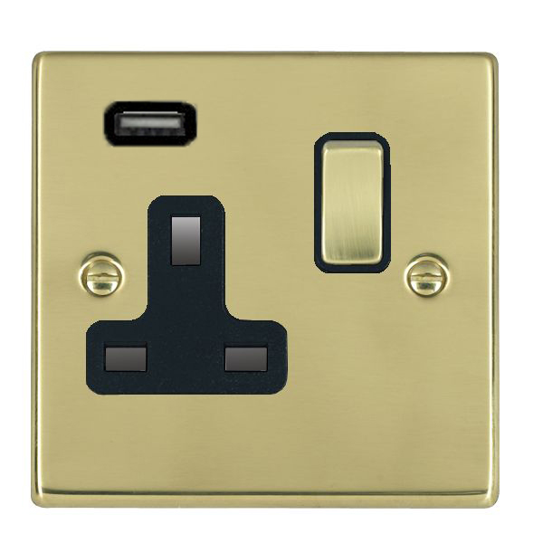 Hartland Polished Brass 1 gang 13A Single Pole Switched Socket with 1 USB Outlets 1×2.1A Polished Brass/Black