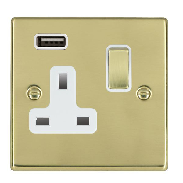 Hartland Polished Brass 1 gang 13A Single Pole Switched Socket with 1 USB Outlets 1×2.1A Polished Brass/White