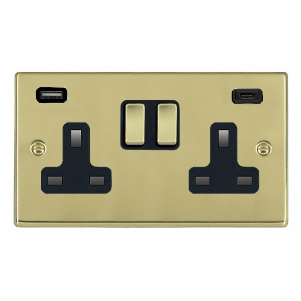 Hartland Polished Brass 2 gang 13A Double Pole Switched Socket with 1 USB + 1 USB Type C Outlet 2×2.4A Polished Brass/Black