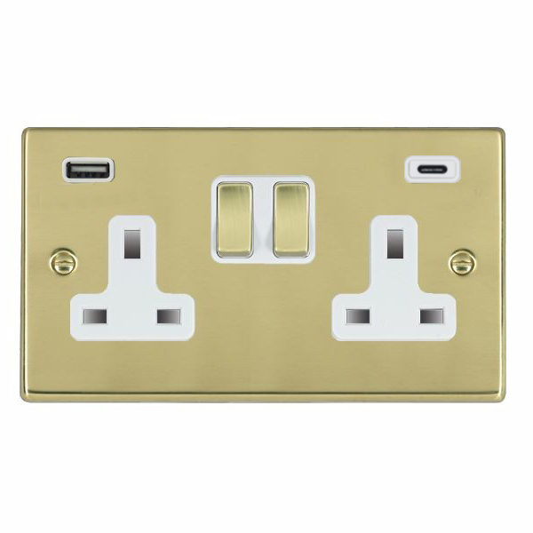Hartland Polished Brass 2 gang 13A Double Pole Switched Socket with 1 USB + 1 USB Type C Outlet 2×2.4A Polished Brass/White