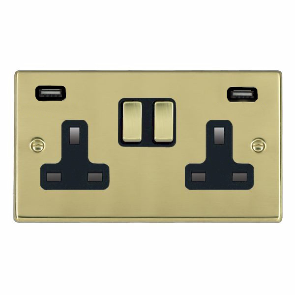 Hartland Polished Brass 2 gang 13A Double Pole Switched Socket with 2 USB Ultra Outlets 2×2.4A Polished Brass/Black