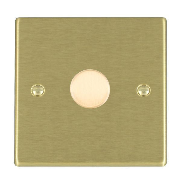 Hartland Satin Brass 1 gang 250W LED 2 Way Push On/Off Rotary Dimmer Satin Brass Minimum Load = 5W(LED) Maximum Load = 250W(LED) Trailing Edge / 150W(LED) Leading Edge