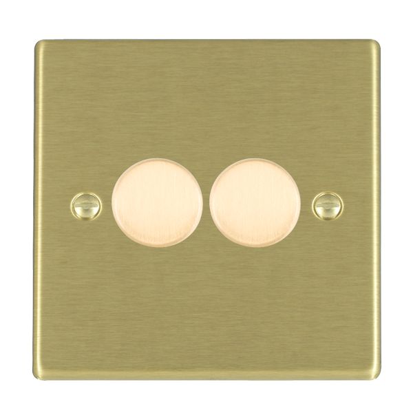 Hartland Satin Brass 2 gang 250W LED 2 Way Push On/Off Rotary Dimmer Satin Brass Minimum Load = 5W(LED) Maximum Load = 250W(LED) Trailing Edge / 150W(LED) Leading Edge Per gang