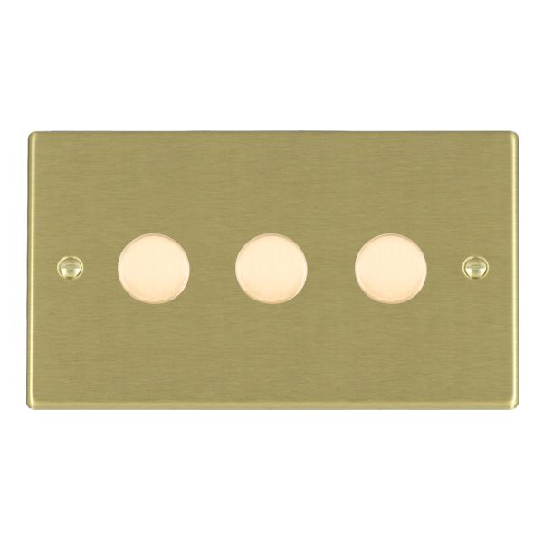 Hartland Satin Brass 3 gang 100W LED 2 Way Push On/Off Rotary Dimmer Satin Brass