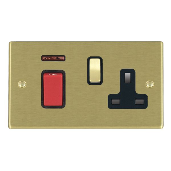 Hartland Satin Brass 45A Double Pole Rocker + Neon + 13A Switched Socket Red+Satin Brass/Black
