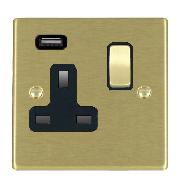 Hartland Satin Brass 1 gang 13A Single Pole Switched Socket with 1 USB Outlets 1×2.1A Satin Brass/Black