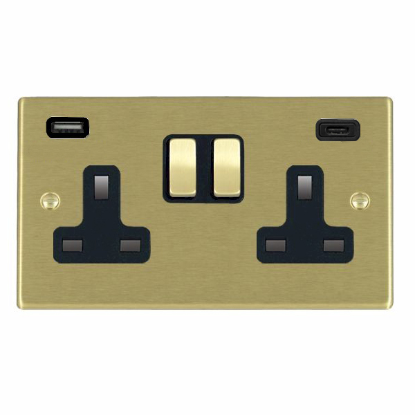 Hartland Satin Brass 2 gang 13A Double Pole Switched Socket with 1 USB + 1 USB Type C Outlet 2×2.4A Satin Brass/Black