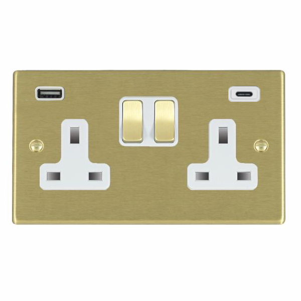 Hartland Satin Brass 2 gang 13A Double Pole Switched Socket with 1 USB + 1 USB Type C Outlet 2×2.4A Satin Brass/White