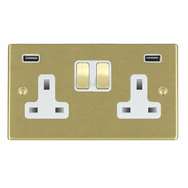 Hartland Satin Brass 2 gang 13A Double Pole Switched Socket with 2 USB Ultra Outlets 2×2.4A Satin Brass/White
