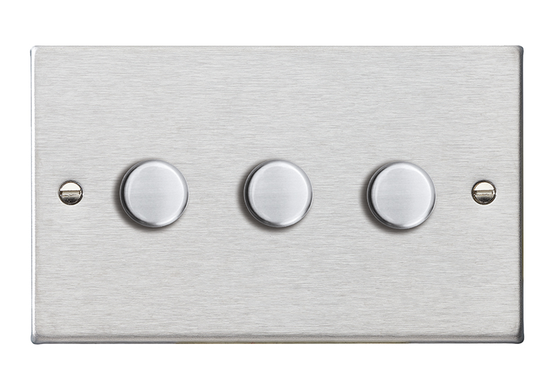 Hartland Satin Steel 3 gang 250W LED 2 Way Push On/Off Rotary Dimmer Satin Steel Minimum Load = 5W(LED) Maximum Load = 250W(LED) Trailing Edge / 150W(LED) Leading Edge Per gang