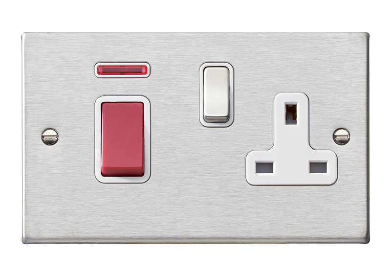 Hartland Satin Steel 45A Double Pole Rocker + Neon + 13A Switched Socket Red+Satin Steel/White