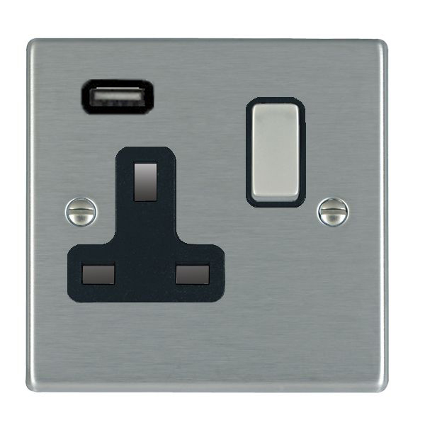 Hartland Satin Steel 1 gang 13A Single Pole Switched Socket with 1 USB Outlets 1×2.1A Satin Steel/Black