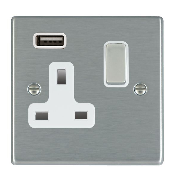 Hartland Satin Steel 1 gang 13A Single Pole Switched Socket with 1 USB Outlets 1×2.1A Satin Steel/White