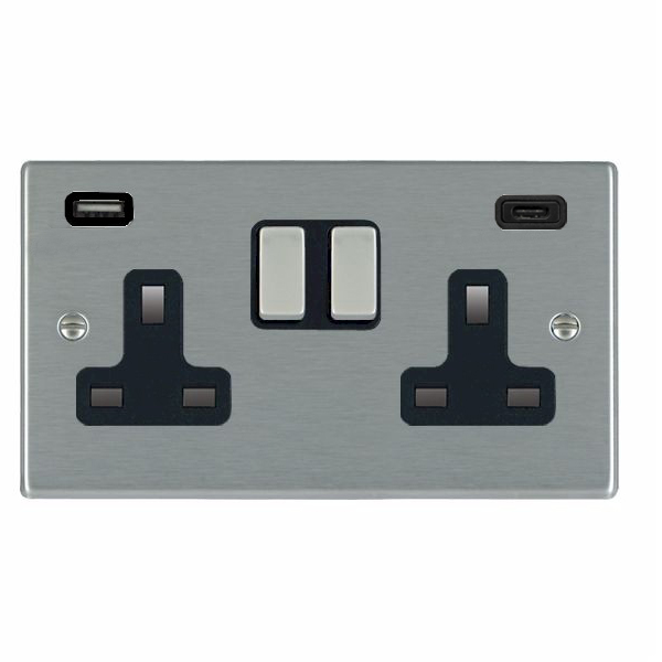 Hartland Satin Steel 2 gang 13A Double Pole Switched Socket with 1 USB + 1 USB Type C Outlet 2×2.4A Satin Steel/Black