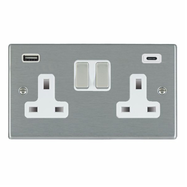 Hartland Satin Steel 2 gang 13A Double Pole Switched Socket with 1 USB + 1 USB Type C Outlet 2×2.4A Satin Steel/White
