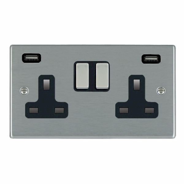 Hartland Satin Steel 2 gang 13A Double Pole Switched Socket with 2 USB Ultra Outlets 2×2.4A Satin Steel/Black