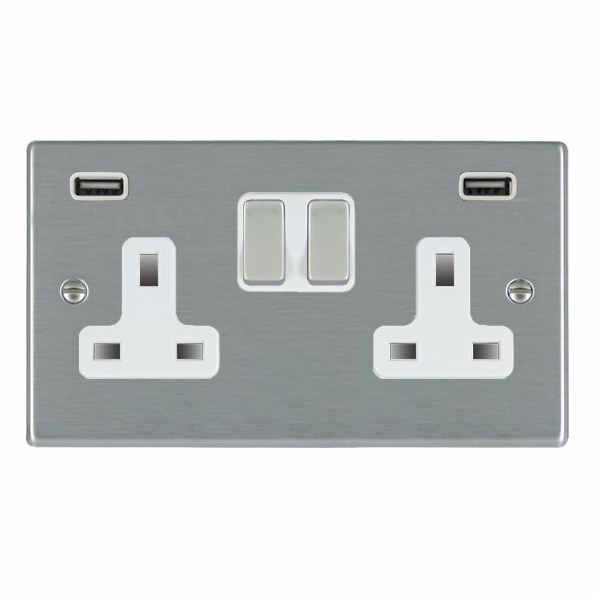 Hartland Satin Steel 2 gang 13A Double Pole Switched Socket with 2 USB Ultra Outlets 2×2.4A Satin Steel/White