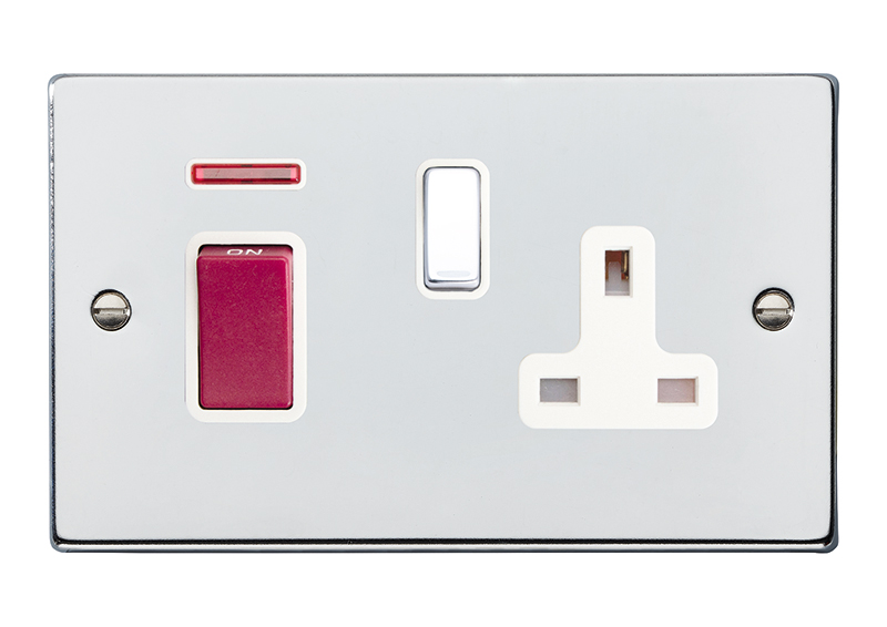 Hartland Bright Chrome 45A Double Pole Rocker + Neon + 13A Switched Socket Red+Bright Chrome/White