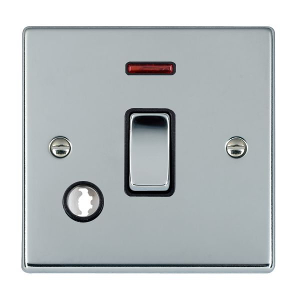 Hartland Bright Chrome 1 gang 20AX Double Pole Rocker and Neon and Cable Outlet Bright Chrome/Black