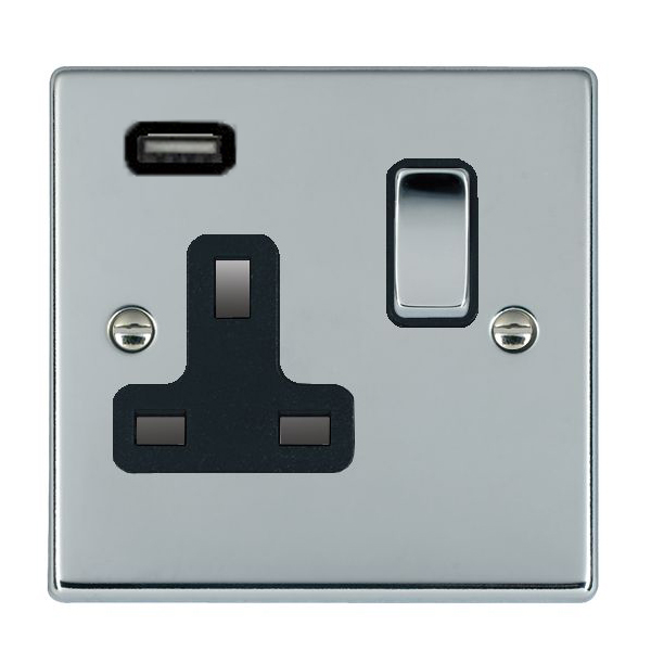 Hartland Bright Chrome 1 gang 13A Single Pole Switched Socket with 1 USB Outlets 1×2.1A Bright Chrome/Black