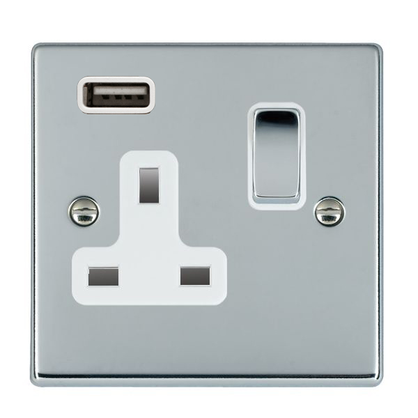 Hartland Bright Chrome 1 gang 13A Single Pole Switched Socket with 1 USB Outlets 1×2.1A Bright Chrome/White
