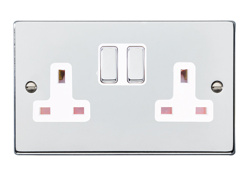Hartland Bright Chrome 2 gang 13A Double Pole Switched Socket Bright Chrome/White