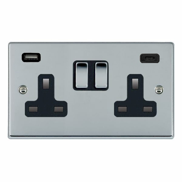 Hartland Bright Chrome 2 gang 13A Double Pole Switched Socket with 1 USB + 1 USB Type C Outlet 2×2.4A Bright Chrome/Black