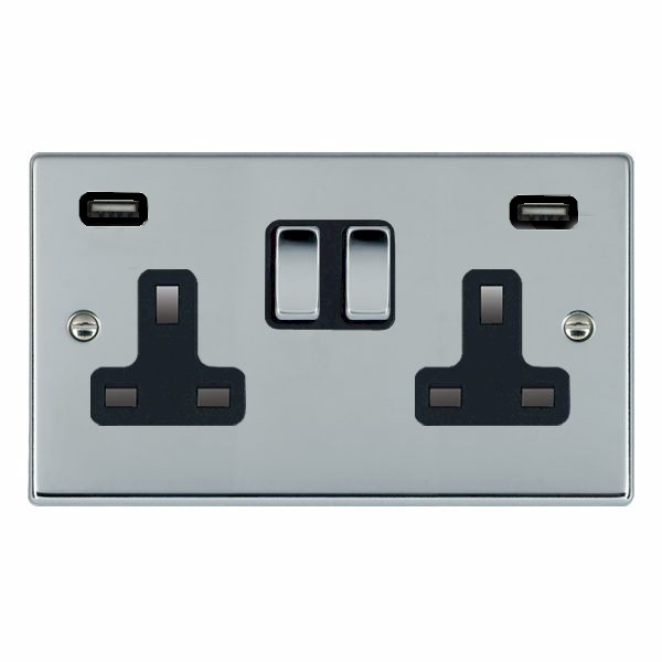 Hartland Bright Chrome 2 gang 13A Double Pole Switched Socket with 2 USB Ultra Outlets 2×2.4A Bright Chrome/Black