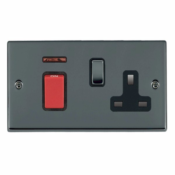 Hartland Black Nickel 45A Double Pole Rocker + Neon + 13A Switched Socket Red+Black Nickel/Black