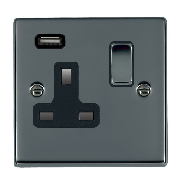 Hartland Black Nickel 1 gang 13A Single Pole Switched Socket with 1 USB Outlets 1×2.1A Black Nickel/Black
