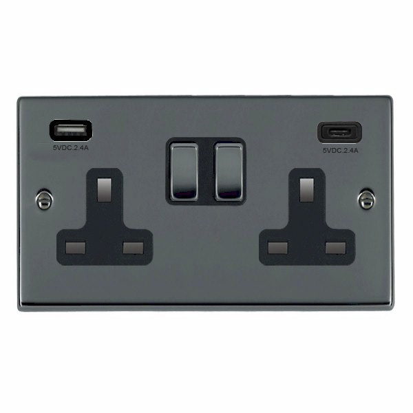 Hartland Black Nickel 2 gang 13A Double Pole Switched Socket with 1 USB + 1 USB Type C Outlet 2×2.4A Black Nickel/Black