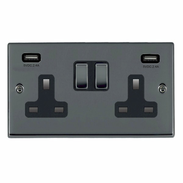 Hartland Black Nickel 2 gang 13A Double Pole Switched Socket with 2 USB Ultra Outlets 2×2.4A Black Nickel/Black