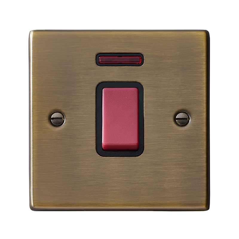 Hartland Antique Brass 1 gang 45A Double Pole Rocker and Neon Red/Black