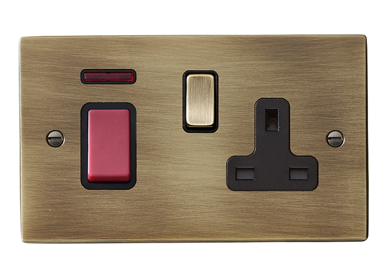 Hartland Antique Brass 45A Double Pole Rocker + Neon + 13A Switched Socket Red+Antique Brass/Black