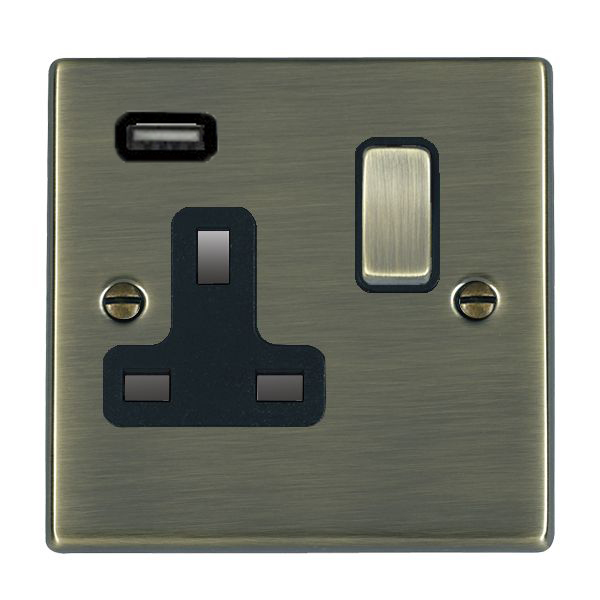 Hartland Antique Brass 1 gang 13A Single Pole Switched Socket with 1 USB Outlets 1×2.1A Antique Brass/Black