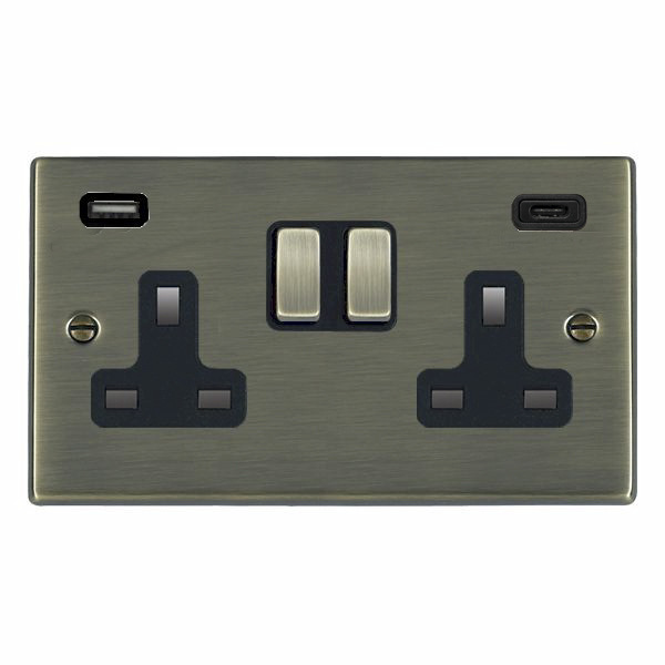 Hartland Antique Brass 2 gang 13A Double Pole Switched Socket with 1 USB + 1 USB Type C Outlet 2×2.4A Antique Brass/Black