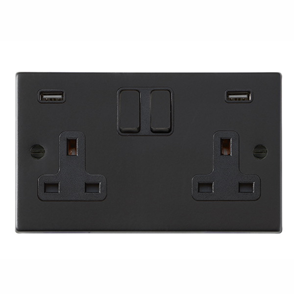 Hartland Matt Black 2 gang 13A Double Pole Switched Socket with 2 USB Ultra Outlets 2×2.4A Black/Black – NOT Suitable for Over Painting