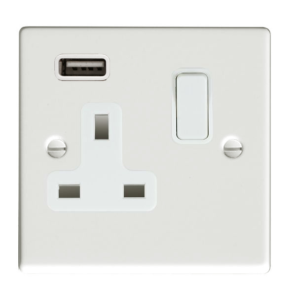 Hartland Matt White 1 gang 13A Single Pole Switched Socket with 1 USB Outlets 1×2.1A White/White – NOT Suitable for Over Painting