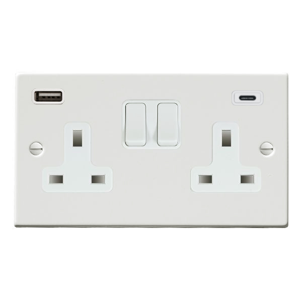 Hartland Matt White 2 gang 13A Double Pole Switched Socket with 1 USB + 1 USB Type C Outlet 2×2.4A White/White – NOT Suitable for Over Painting