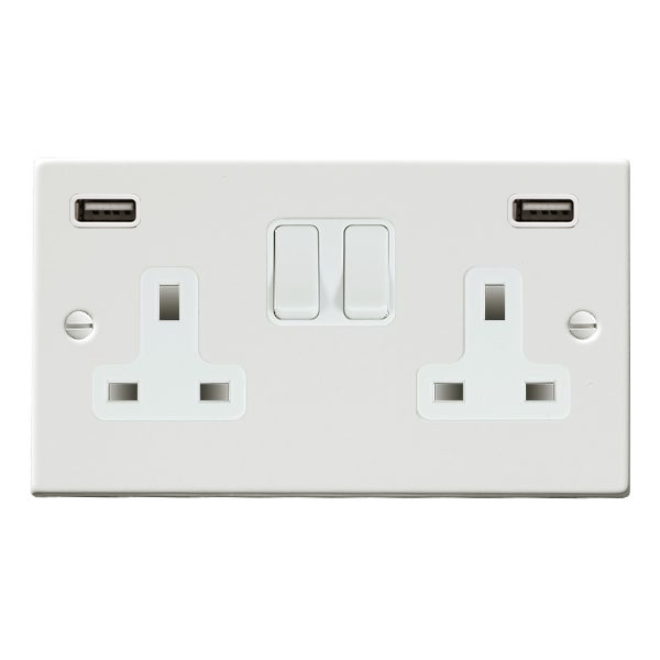 Hartland Matt White 2 gang 13A Double Pole Switched Socket with 2 USB Ultra Outlets 2×2.4A White/White – NOT Suitable for Over Painting