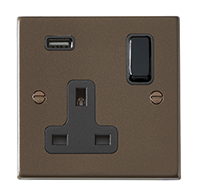 Hartland Richmond Bronze 1 gang 13A Single Pole Switched Socket with 1 USB Outlets 1×2.1A Black/Black