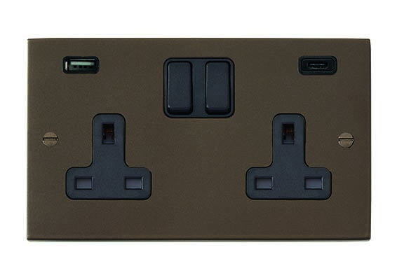 Hartland Richmond Bronze 2 gang 13A Double Pole Switched Socket with 1 USB + 1 USB Type C Outlet 2×2.4A Black/Black – NOT Suitable for Over Painting