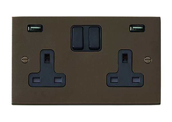 Hartland Richmond Bronze 2 gang 13A Double Pole Switched Socket with 2 USB Ultra Outlets 2×2.4A Black/Black – NOT Suitable for Over Painting