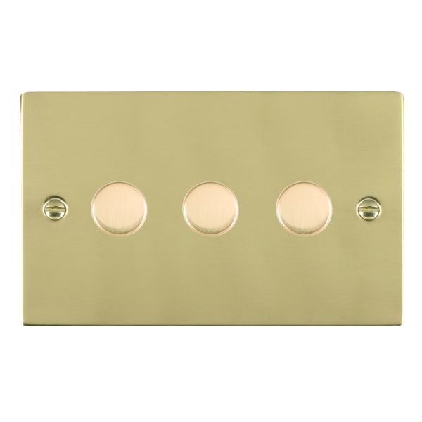 Sheer Polished Brass 3 gang 250W LED 2 Way Push On/Off Rotary Dimmer Polished Brass Minimum Load = 5W(LED) Maximum Load = 250W(LED) Trailing Edge / 150W(LED) Leading Edge per gang