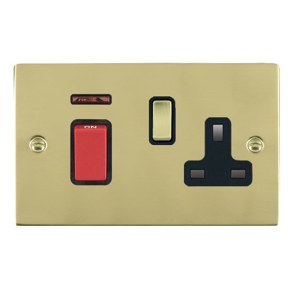 Sheer Polished Brass 45A Double Pole Rocker + Neon + 13A Switched Socket Red+Polished Brass/Black