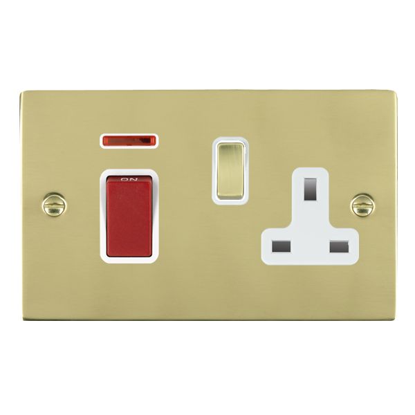 Sheer Polished Brass 45A Double Pole Rocker + Neon + 13A Switched Socket Red+Polished Brass/White