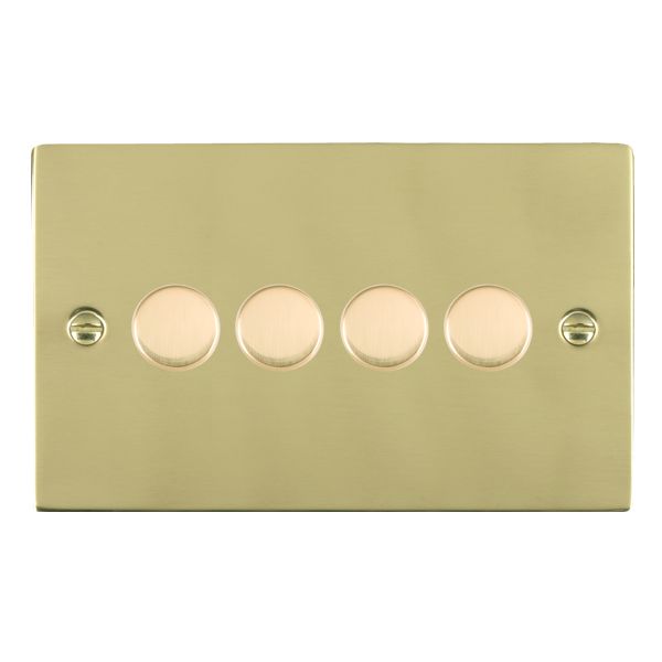 Sheer Polished Brass 4 gang 250W LED 2 Way Push On/Off Rotary Dimmer Polished Brass Minimum Load = 5W(LED) Maximum Load = 250W(LED) Trailing Edge / 150W(LED) Leading Edge per gang